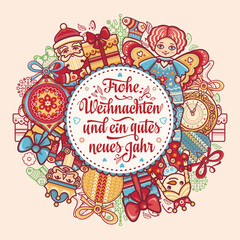 German text Frohe Weihnachten and Neues Jahr. Christmas typography. Christmas in Belgium, Austria, Liechtenstein, Switzerland. Happy Christmas in Deutschland greeting card Weihnachtskarte. Neujahr 