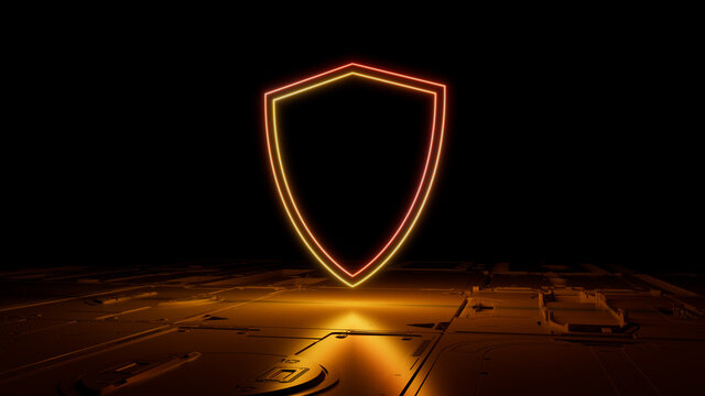 Orange and Yellow neon light shield icon. Vibrant colored Security technology symbol, on a black background with high tech floor. 3D Render