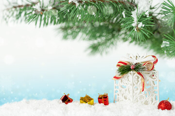Christmas background with spruce and decorations. Copy space