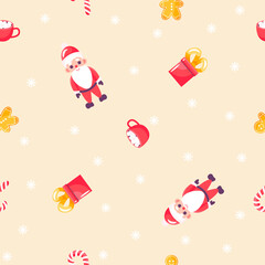 Winter Christmas pattern seamless with Santa Claus, gift, deer, mug cup. Template for printing onto fabric, wrapping paper design. Children's background for fabric, textile, wallpaper, clothing.Vector