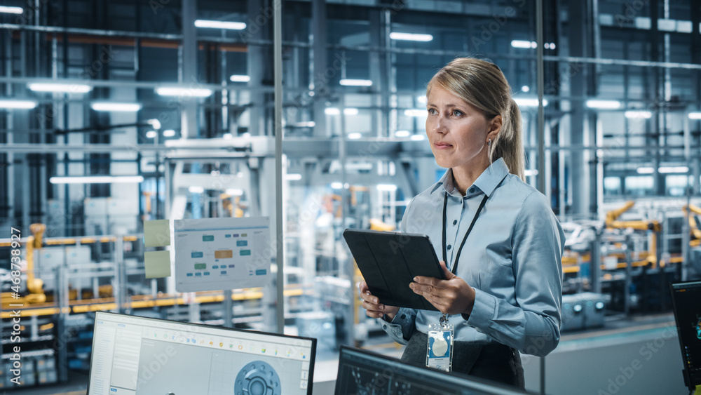 Aufkleber car factory office concept: portrait of successful female chief automotive engineer using tablet com