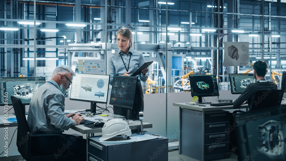 Aufkleber Car Factory: Diverse Team of Automotive Engineers Working, Using Computers to Design Advanced Models for High-Tech Engines. Automated Robot Arm Industrial Assembly Line Manufacturing Electric Vehicles