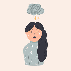 Illustration of a depressed crying girl and cloud of rain above her