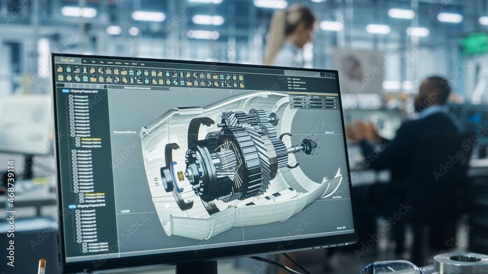 Poster Car Factory Office: Engineer Working on Turbine Prototype on Computer, Design Advanced 3D Model for High-Tech Green Energy Electric Engine. Automated Robot Arm Assembly Line Manufacturing Facility