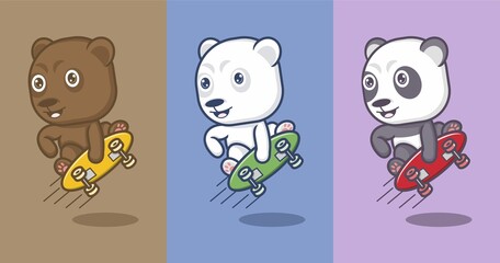 polar bear and cute cartoon panda skateboarding. vector illustration for mascot logo or sticker