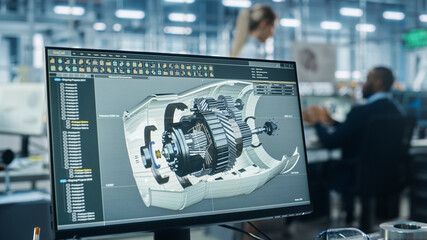 Car Factory Office: Engineer Working on Turbine Prototype on Computer, Design Advanced 3D Model for High-Tech Green Energy Electric Engine. Automated Robot Arm Assembly Line Manufacturing Facility - obrazy, fototapety, plakaty