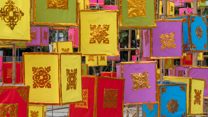 Colorful traditional paper lanterns for Loi Krathong aka Yi Peng famous annual festival decorating the city of Chiang Mai, Thailand