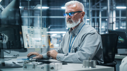 Car Factory Office: Portrait of Senior Male Chief Engineer Working on Desktop Computer in Automated Robot Arm Assembly Line Manufacturing High-Tech Electric Vehicles. Electronics Production Conveyor - obrazy, fototapety, plakaty