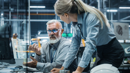 Car Factory Office: Manager Talks to Engineer Working on Computer. CAD Software, 3D Turbine Engine,...