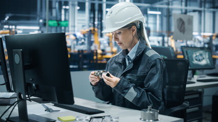 Car Factory Office: Portrait of Confident Female Chief Engineer Wearing Hard Hat Working on Desktop Computer. Technician in Automated Robot Arm Assembly Line Manufacturing High-Tech Electric Vehicles