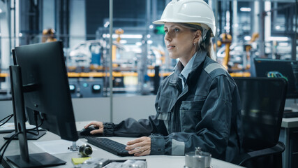 Car Factory Office: Portrait of Confident Female Chief Engineer Wearing Hard Hat Working on Desktop Computer. Technician in Automated Robot Arm Assembly Line Manufacturing High-Tech Electric Vehicles