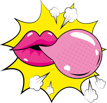 Pop Art Mouth With Bubble Gum Cartoon On A Yellow Background