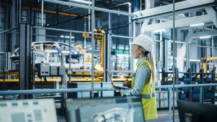 Car Factory: Female Automotive Engineer Wearing Hard Hat, Standing, Using Laptop. Monitoring, Control, Equipment Production. Automated Robot Arm Assembly Line Manufacturing Electric Vehicles.