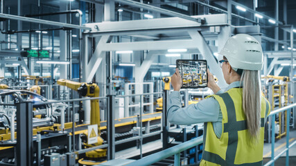 Car Factory: Female Automotive Engineer Using Augmented Reality Tablet Computer. Digitalization Scan, Monitoring Equipment Production. Automated Robot Arm Assembly Line Manufacturing Electric Vehicles