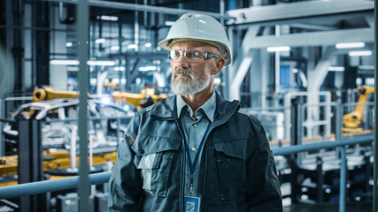 Car Factory Office: Portrait of Senior White Male Chief Engineer Wearing Safety Hard Hat in Automated Robot Arm Assembly Line Manufacturing in High-Tech Facility.