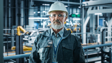 Car Factory Office: Portrait of Senior White Male Chief Engineer Looking at Camera and Smiling. Professional Technician in Automated Robot Arm Assembly Line Manufacturing in High-Tech Facility