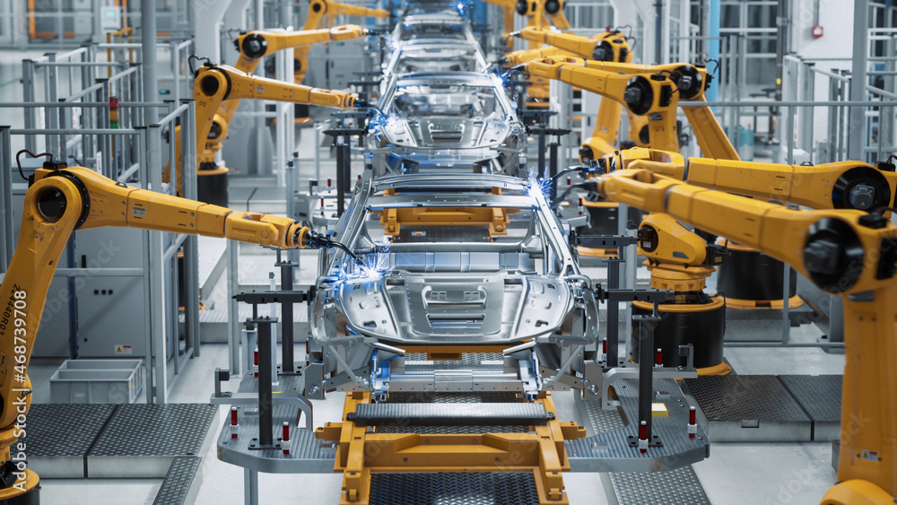 Poster car factory 3d concept: automated robot arm assembly line manufacturing high-tech green energy elect