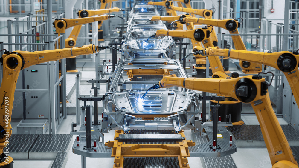 Poster car factory 3d concept: automated robot arm assembly line manufacturing high-tech green energy elect