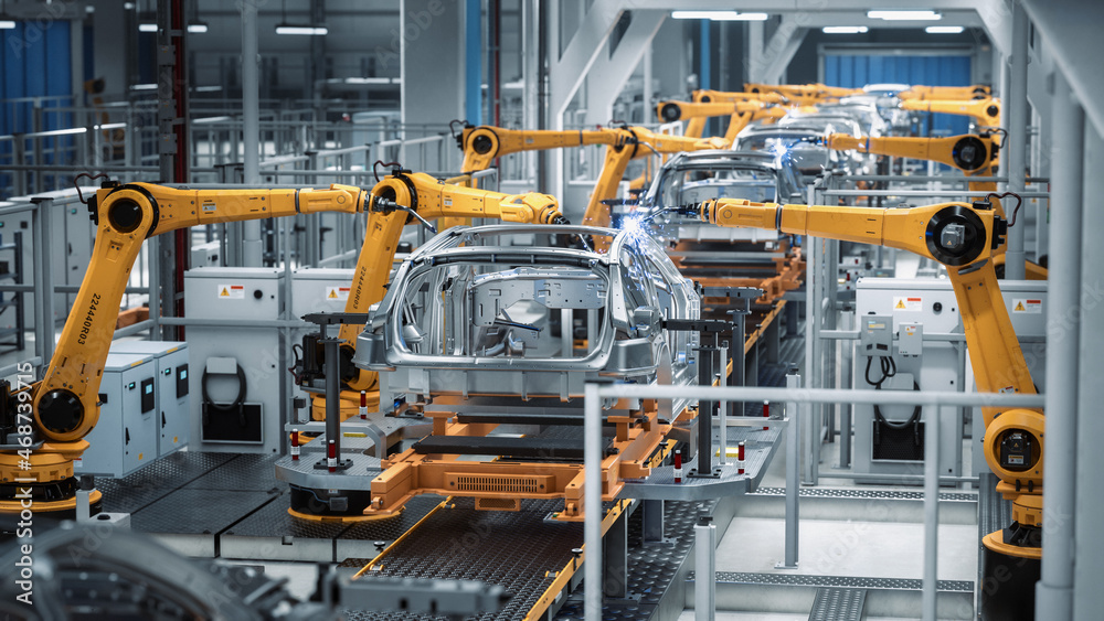 Aufkleber car factory 3d concept: automated robot arm assembly line manufacturing advanced high-tech green ene