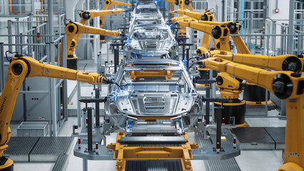 Car Factory 3D Concept: Automated Robot Arm Assembly Line Manufacturing High-Tech Green Energy...