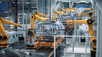 Car Factory 3D Concept: Automated Robot Arm Assembly Line Manufacturing Advanced High-Tech Green...
