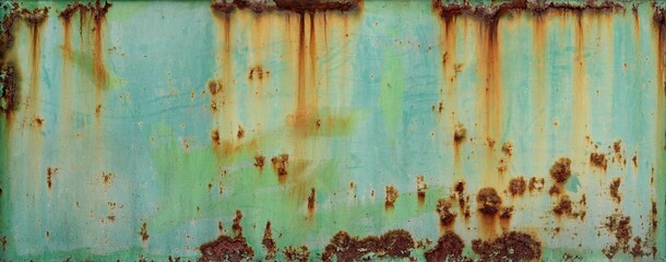 turquoise blue and green wall or surface of a fence of metal, with orange grooves from rust and irregular chipping - weathered texture for the background of a steampunk wallpaper - obrazy, fototapety, plakaty