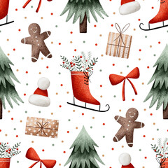 Christmas seamless pattern with gingerbread man, bow, gift,christmas tree, skate, hat and dots.