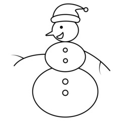 Snowman. Sketch. Smiling snowman in a Christmas hat with a pompom. Vector illustration. Coloring book for children. A fabulous character made of lumps of snow. Outline on an isolated white background.