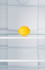 there is a lemon on the shelf in an empty refrigerator