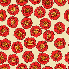 Seamless Pattern vector design with with tattoo style flowers in shades of red, orange and yellow. Background with tattoo flowers