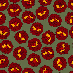 Seamless Pattern vector design with with tattoo style flowers in shades of red, orange and yellow. Background green with tattoo flowers