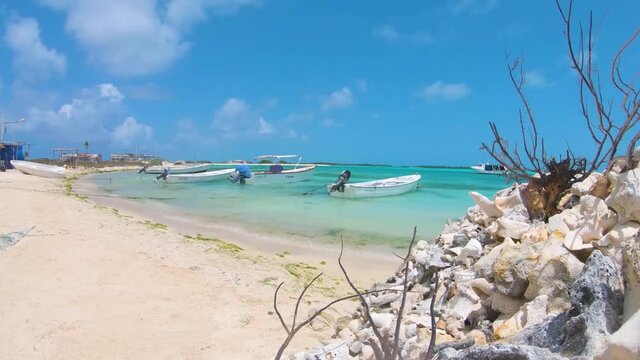 TROPICAL SHORE BEACH WITH CORALS, SHELLS AND TURQUOISE WATER . SMALL BOATS in the background