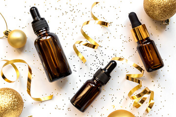 luxury cosmetic product, anti-age, moisturize and collagen face oil as a gift - beauty, cosmetics and skincare new year styled concept.