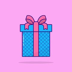 Blue Gift Box with Ribbon Bow. Surprise for Birthday, Christmas, New Year, Wedding, Anniversary. Present Box in Wrap on Colorful Background. Flat Cartoon Style. Isolated Vector Illustration