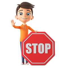 Cartoon character boy in orange sweatshirt and big stop sign on white isolated background. 3d render illustration.
