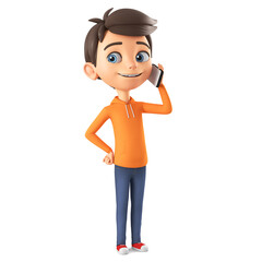 Cartoon character boy in orange sweatshirt speaks by mobile phone on white isolated background. 3d render illustration.