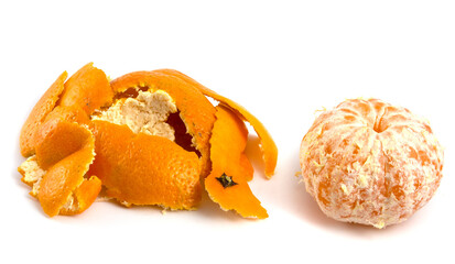 Peeled tangerine and peel isolated on white background.