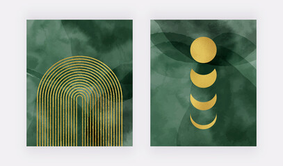 Green watercolor with golden foil rainbow and moon wall art prints
