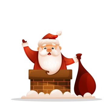 Cute santa claus sit in the chimney with a bag of gifts on the roof. Christmas illustration isolated on white background.