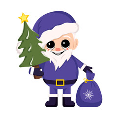 Santa Claus in costume and hat with bag of gifts and Christmas tree with star. Symbol of New Year and Christmas. Cute character with happy emotions and smile