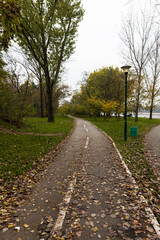 Fototapeta na wymiar Bycicle track in the park at autumn cloudy day