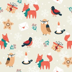 Christmas pattern with foxex, owls, birds and candles. Festive background with hand drawn elements, vector illustration
