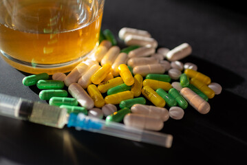 Hard drugs and alcohol on dark gray table. Alcohol pills syringe plastic bag powder of cocaine on...