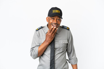 Senior staff man isolated on white background happy and smiling covering mouth with hand