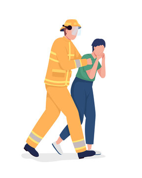 First responder rescuing frightened woman semi flat color vector characters. Full body people on white. Firefighter isolated modern cartoon style illustration for graphic design and animation