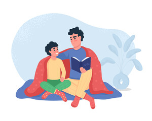 Family reading 2D vector isolated illustration. Cozy home. Parent under blanket with book. Father and son flat characters on cartoon background. Spending quality time together colourful scene