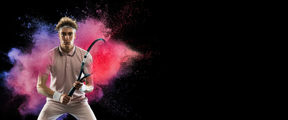 Creative collage of young man, professional tennis player training isolated over colorful powder...