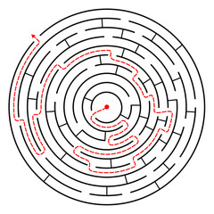 Education logic game circle labyrinth for kids. Find right way. Isolated simple round maze black line on white background. With the solution. Vector illustration.
