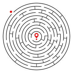 Education logic game circle labyrinth for kids. Find right way. Isolated simple round maze black line on white background. With the solution. Vector illustration.