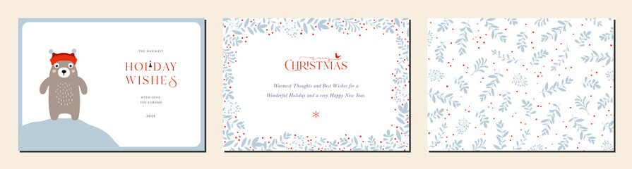 Merry and Bright Horizontal Holiday cards. Christmas, Holiday templates with greetings, bear, bird, ornate floral frame with copy space and floral background.